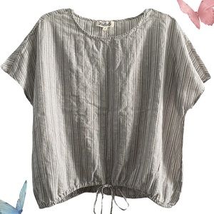 Listicle 100% cotton summer striped blouse w/ drawstring tie, gray